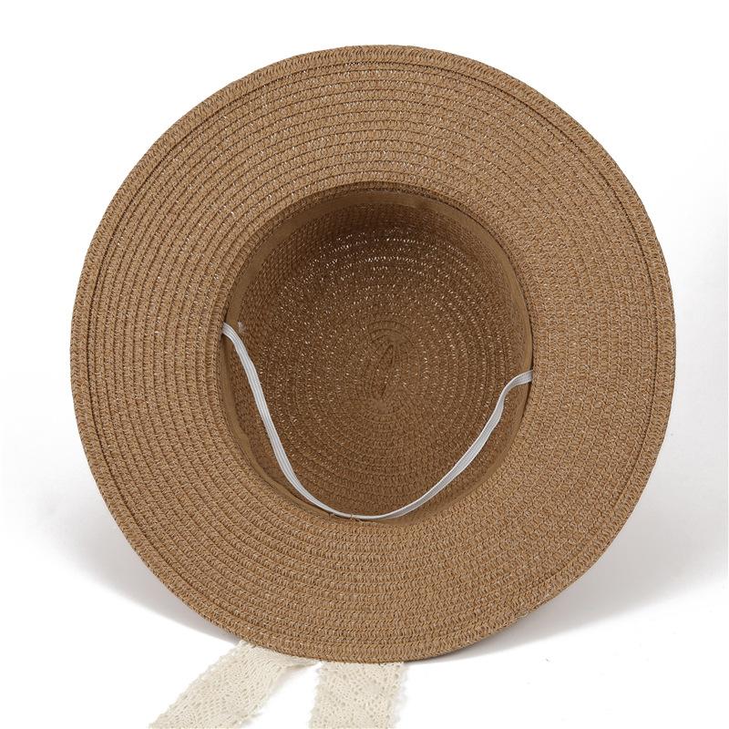 Bow Flat Top Straw Hat Women'S Summer Flower Lace French Top Hat Seaside Sunshade Sunscreen Straw Hat