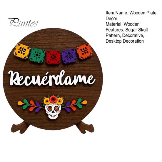 Dia De Los Muertos Decoration Sugar Skull Plate for Day of Dead, Wooden Round Dish with Tabletop Display Stand, Floral