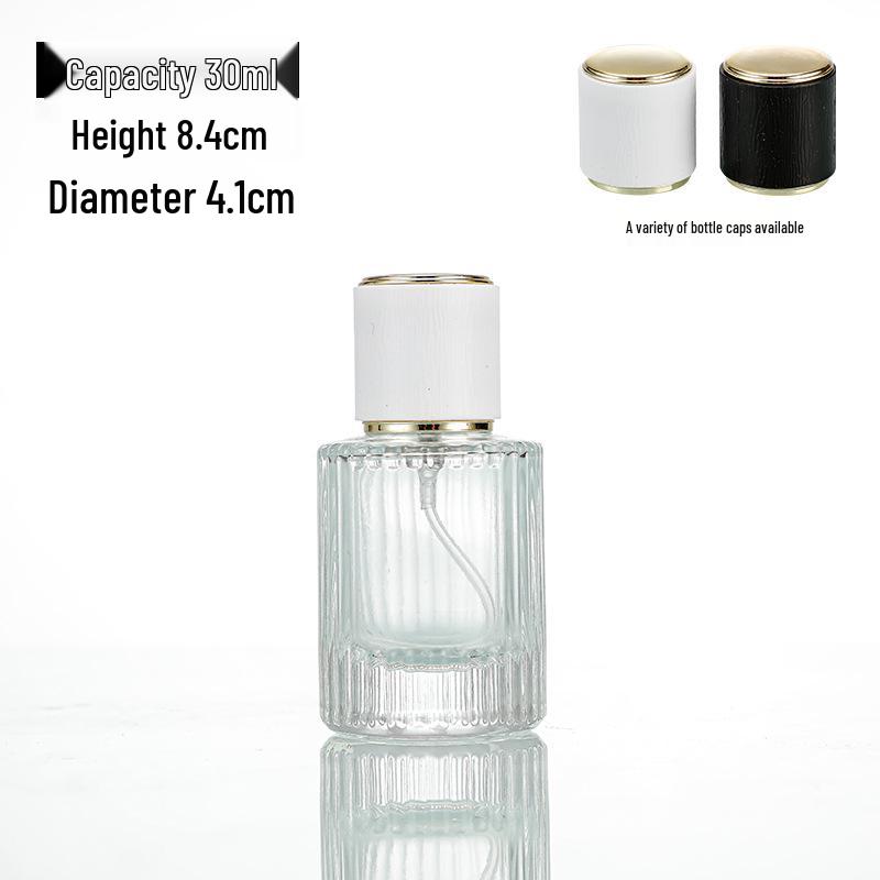 High-Grade Transparent Spray Bottle: 30ml with Vertical Stripes & 50ml Round Bottom Perfume Bottle with Screw Cap