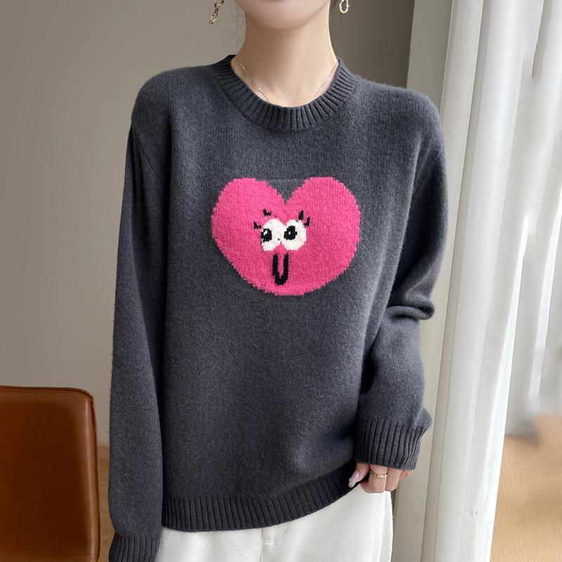 2025 Women's Heart Jacquard Wool Pullover: Autumn/Winter Fashion Versatile Round Neck Knitwear.