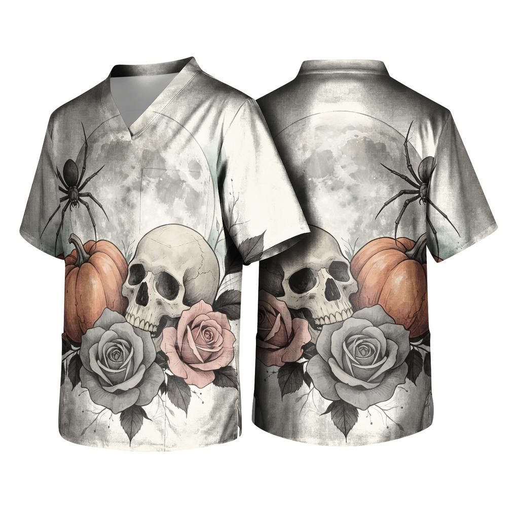 Men's Halloween Print V-Neck Scrub Top with Pockets Short Sleeve