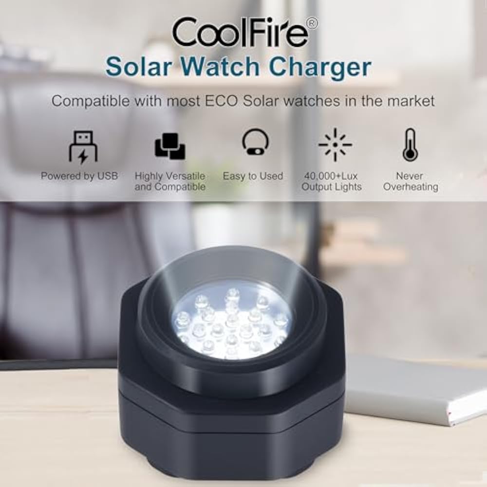 CoolFire - UV Free Solar Watch Fast Charger Portable Battery Charger for All Eco Solar Watches - ...