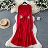 Autumn Winter Women Elegant 3D Flower Knitted Sweater Pullover Long Midi Christmas Party Dresses