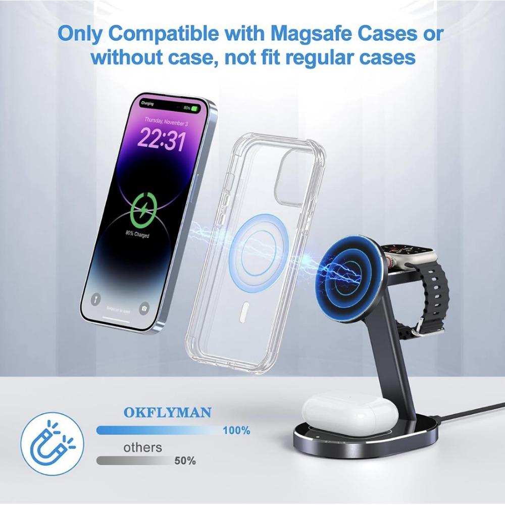 Der 3-in-1-Desktop-Ständer für kabellose Ladegeräte aus Aluminiumlegierung eignet sich zum kabellosen Laden von iPhone-Uhrenkopfhörern