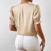Damen - Farbe Casual Satin V-Ausschnitt Knopfleiste Französische Rüschen Kurzarm Top