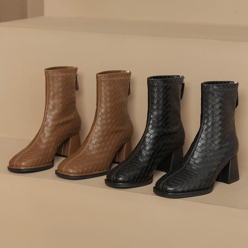 H793-13 Woven plaid boots women's autumn and winter temperament trendy short boots rear zipper light luxury thick heel women