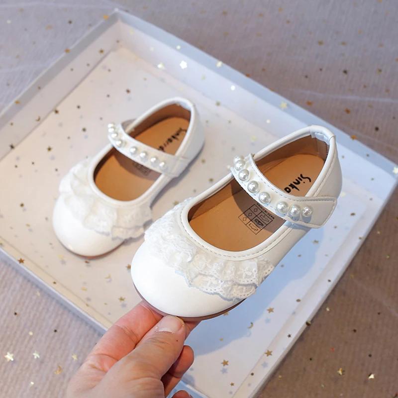 Little Girls Flats with Lace Beading 2025 Spring Autumn Brand New Soft Sweet Princess Kids Leather Shoes for Wedding Party Cute