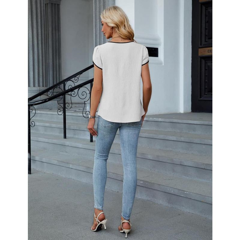 Sommer Mode Color Blocking V-Ausschnitt Blütenblatt Kurzarm Shirt