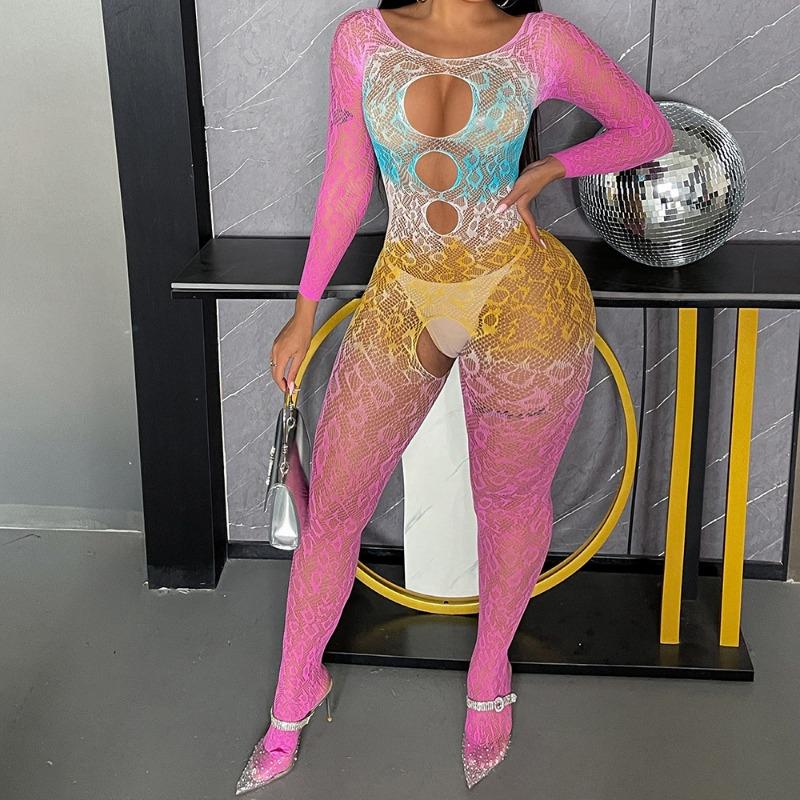 Sexy underwear female sexy gradual change pink long sleeve open gear hollow tight net clothes perspective one-piece