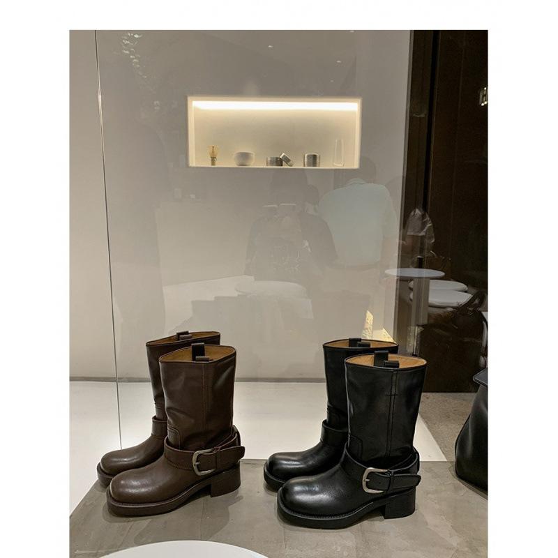 

Retro Side Buckle Coarse Heel Medium Cowboy Boots Short Boots Women s Motorcycle Boots 35 чёрный