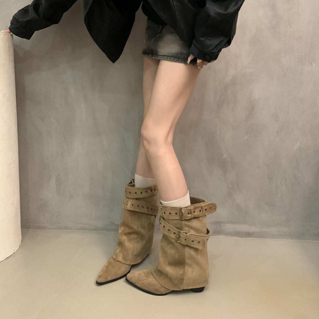 New American Spice Girl Rivet Pant Leg Height Increase Pointed Short Boots Autumn and Winter New Western Cowboy Boots Black