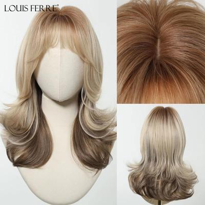 Perruques synthétiques ombrées blondes marron avec frange Longueur moyenne Ondulées Superposées pour femmes Cheveux naturels Résistantes à la chaleur Faux cheveux