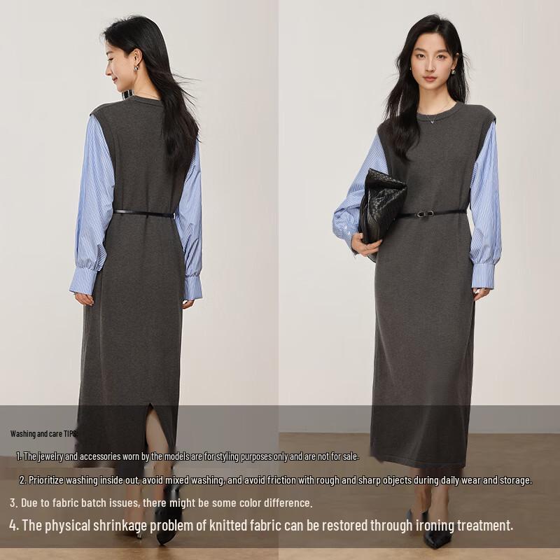 VICTORIA&VERA Women's Faux Two-Piece Slit Midi Shirt Dress