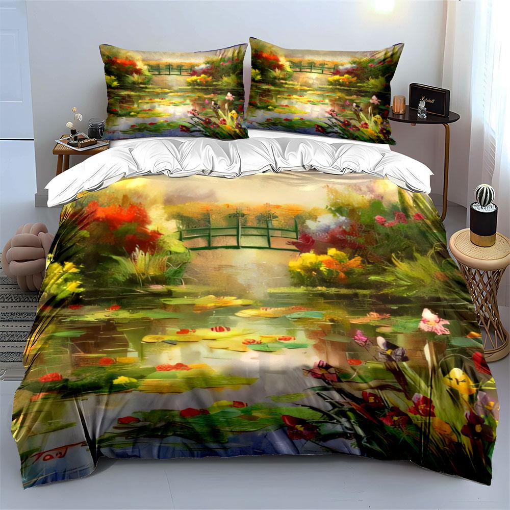 Ruhige Gartenbrücke Kunst-Set Schlafzimmer-Dekoration für Kinder und Erwachsene, Exquisites Dreiteiliges Bettwäsche-Set Geschenk