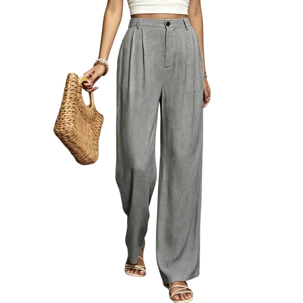 Women's High Waist Wide Leg Trousers Pleated Front Loose Fit Long Pants with Button and Zip Closure for Casual Office Wear