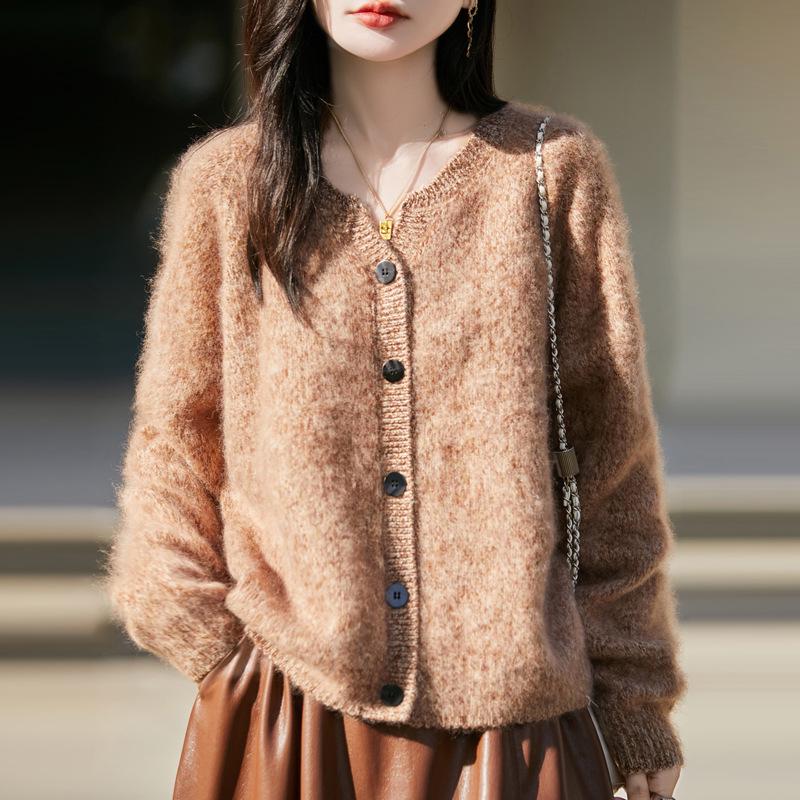 Heather Brushed Knit Cardigan - Women's Autumn/Winter Wool Blend, Round Neck, Loose Casual Style.
