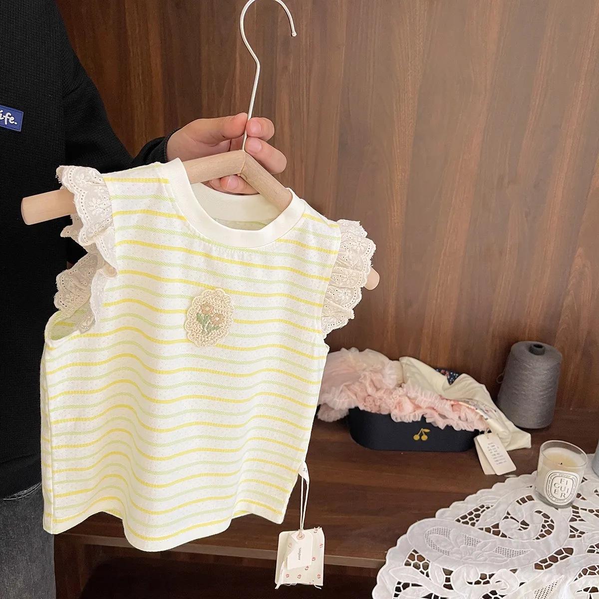 Baby Girl Striped Sleeveless Vest Summer Breathable Mesh Ruffle Fly Sleeve Thin T Shirt Top For Infant Toddler 80
