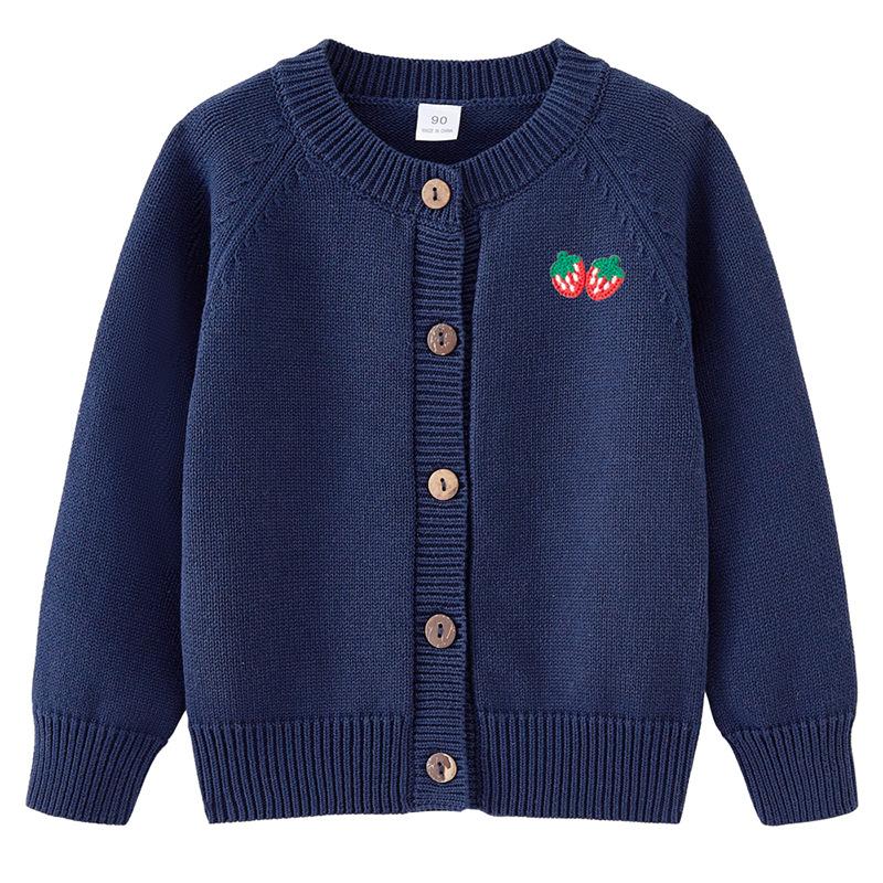 Spring and Autumn Children's Sweater Long-sleeved Jacket Pure Cotton Strawberry Round Neck Girl Knitted Cardigan Wool Top