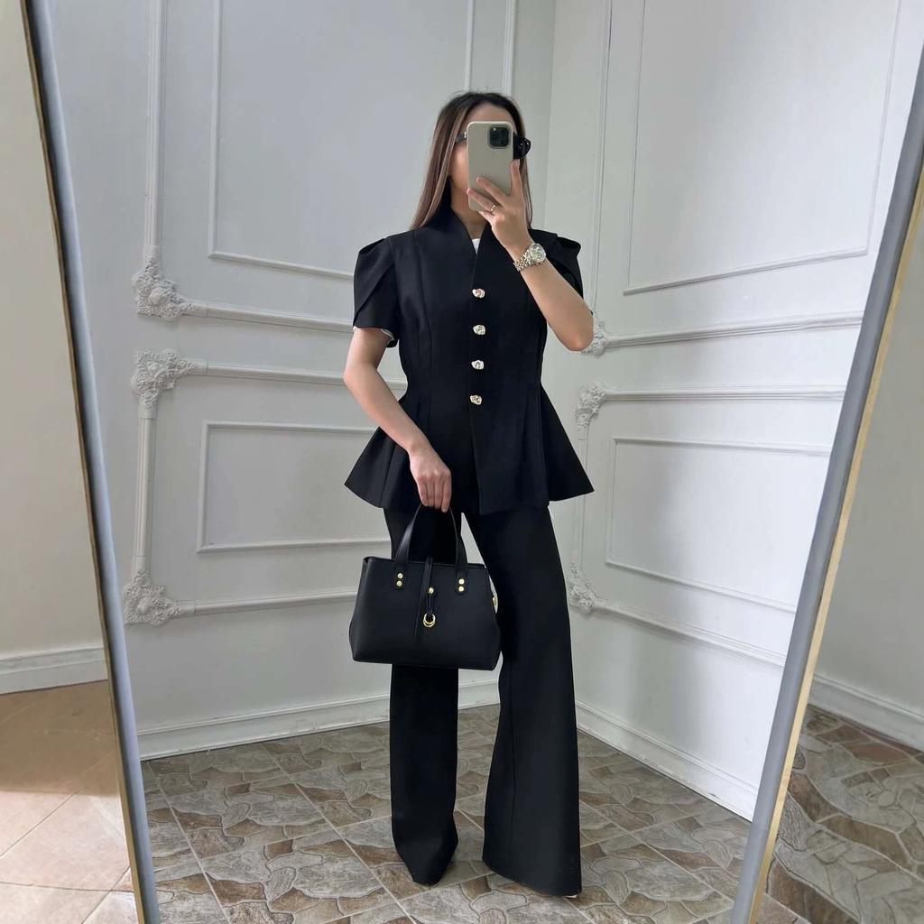 European and women's clothing new solid color button stand-up collar short sleeve waist wide swing top wide leg pants set