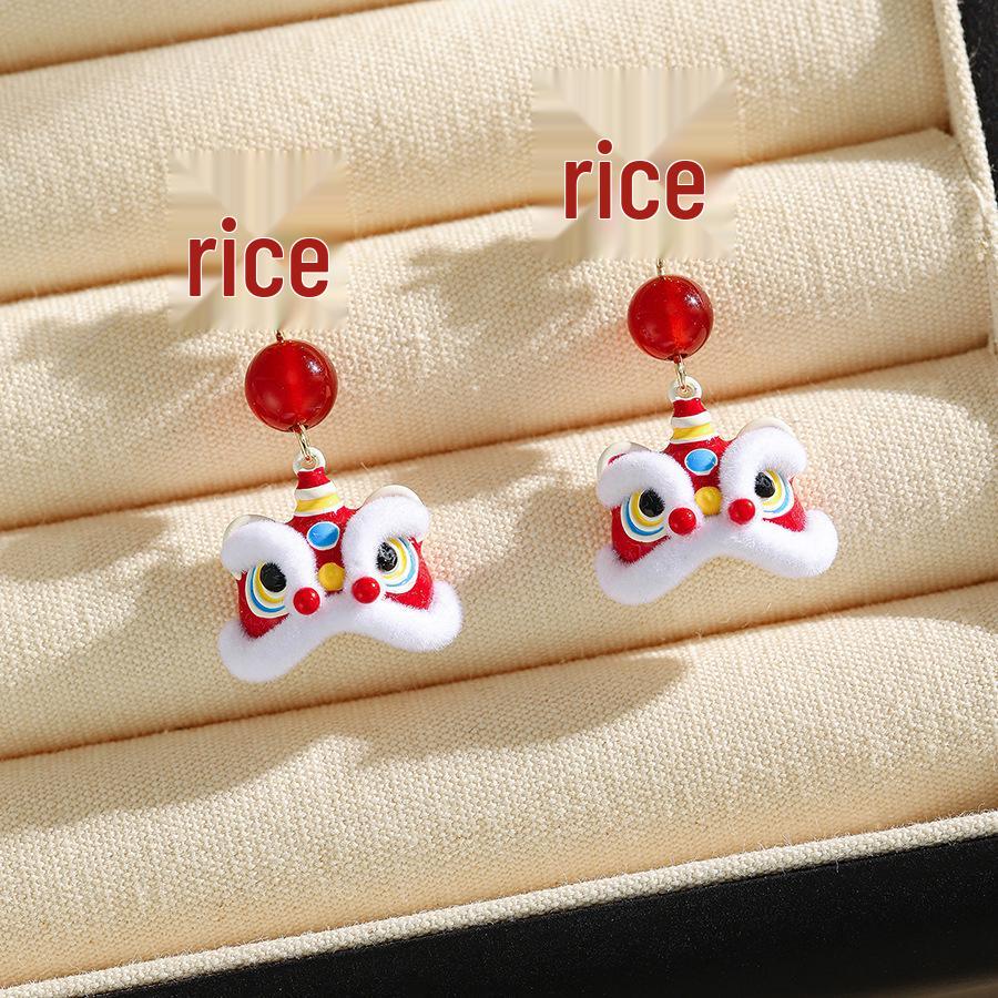 Silver Needle Dripping Oil Glass Lion Dance Earrings – Light Luxury, High-End Feel, Chinese New Year Festive Style Studs.