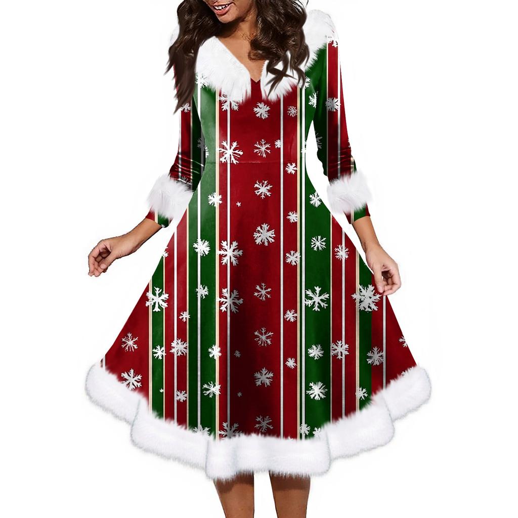 Women's Fashion V-neck Casual Fit Christmas Print Party Long Sleeve Dress