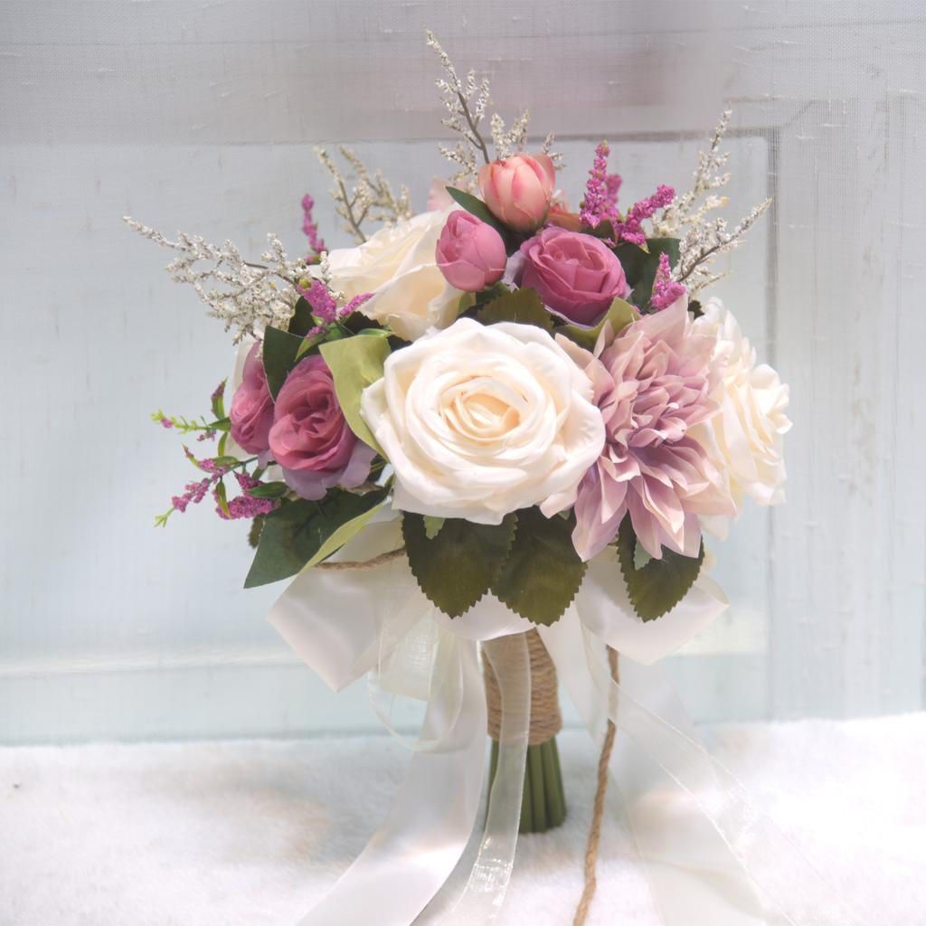 Bouquet da Sposa Rosa Artificiale Avvolto in Juta e Raso Fiore Finto Portatile per Certificato di Matrimonio Ritratti all'Aperto