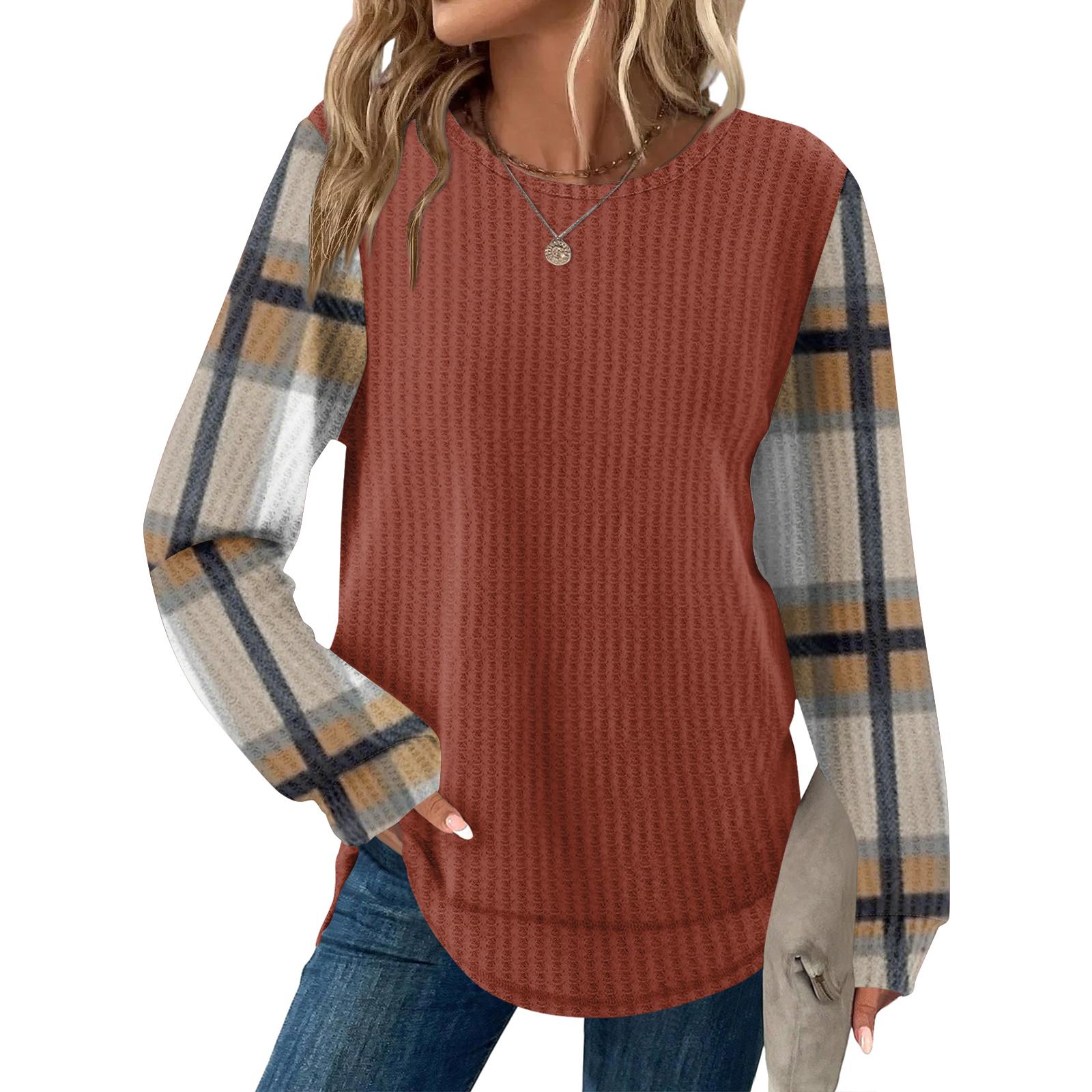 Women s Plaid Print Round Neck Long Sleeve Casual Loose Top L