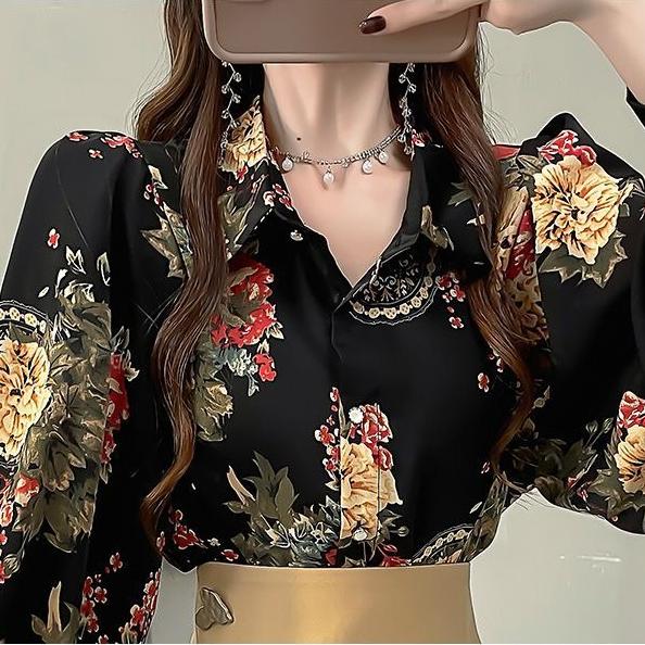 Retro Women's Printed Shirt Slim-fit Lantern Sleeve Floral Shirt Collared Chiffon Shirt Spring