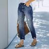 High-Waisted Straight Washed Ripped Women's Long Jeans