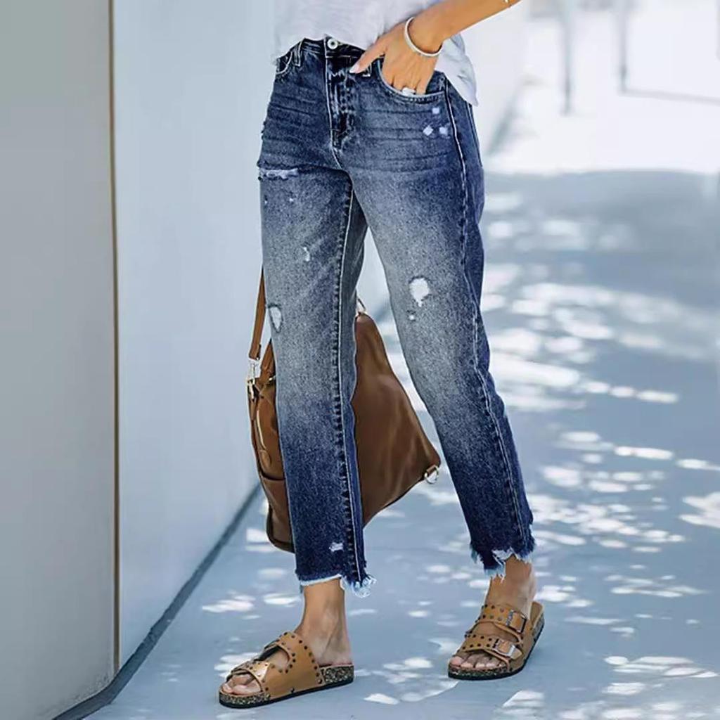 High-Waisted Straight Washed Ripped Women's Long Jeans
