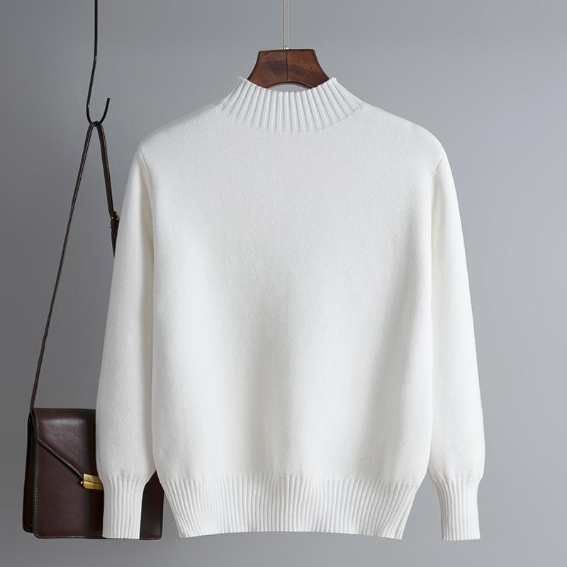 Winter Women's Knitted Sweater With Added Velvet And Thickening  Solid Color Semi High Neck Pullover Sweater