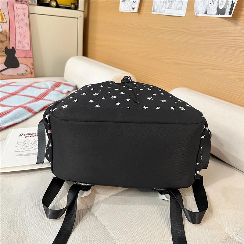 Cute Star Print Nylon Backpack for Women – Fashionable School & Daily Use Bag with Front Drawstring Pocket and Plush Charm