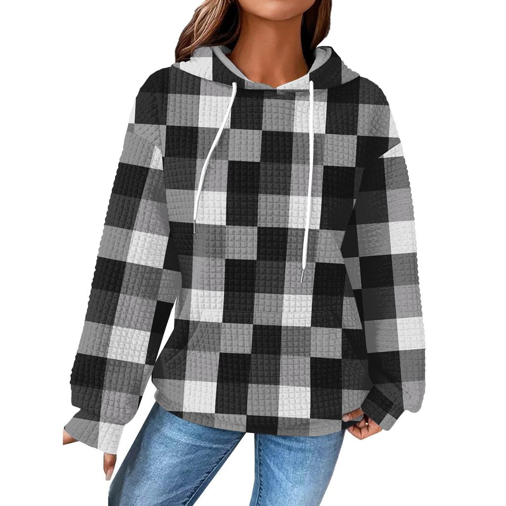 Damenmode Lockerer Kapuzenpullover Langarm Kariertes Sweatshirt mit Kordelzug Überschnittene Schultern und Tasche Print Top