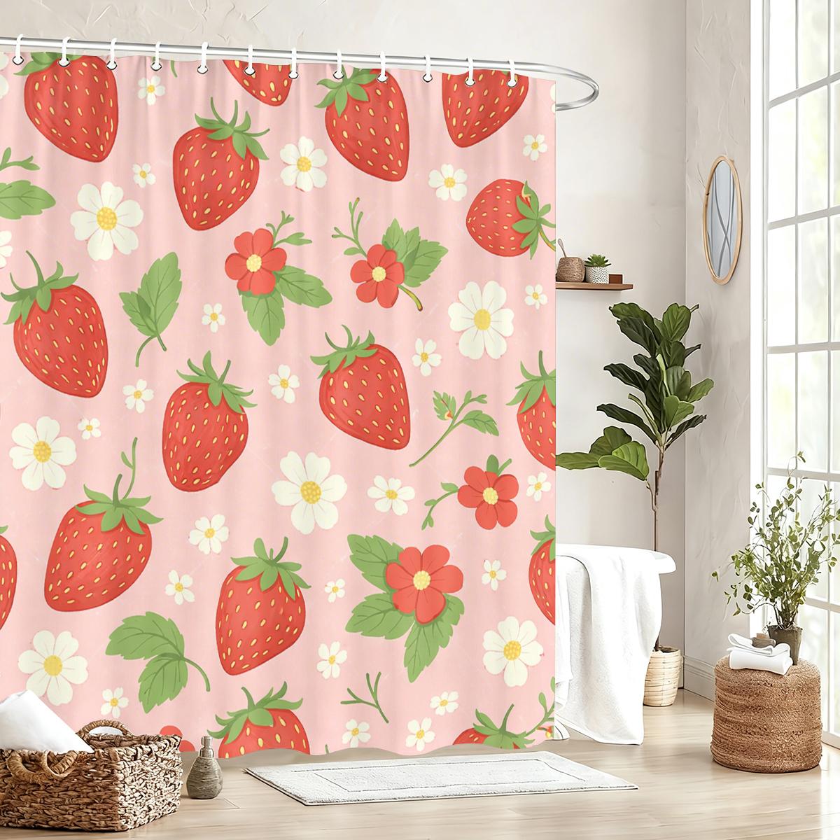 Jessica Chen Cute Strawberry Pattern Polyester Shower Curtain - Lovely Bathroom Decor, Stylish Bath Linen For Home Guest Room & Apartment