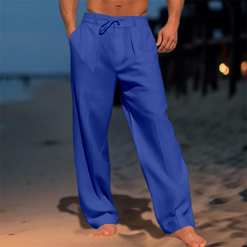 Men's Linen Trousers, Summer Beach Pants, Front Pocket, Solid Color, Breathable, Casual, Daily Vacation
