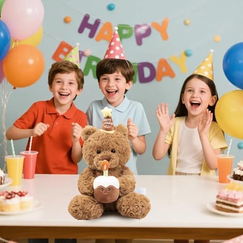 Happy Birthday Teddy Bear Plush Toy 30cm with Cake & Hat, Cuddly Stuffed Animal for Kids Adults Christmas Birthday Party Gift