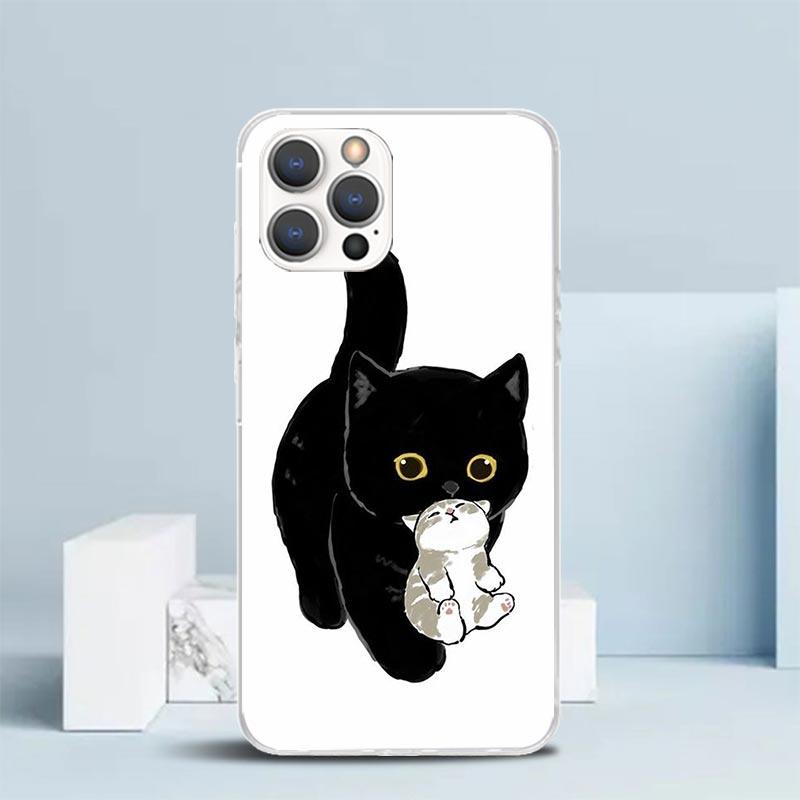 Cartoon Cute Black Cat Phone Case For IPhone 16 17 Air 16E 15 14 Plus 13 Mini 12 11 Pro Max 7 8 + SE 2020 Soft TPU Back Cover 16