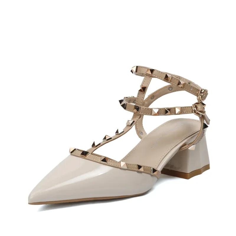 Women's Thick Heeled Sandals Summer New European and American Fashion Roman Pointed Rivet Sandals Women High Heels Buckle Strap
