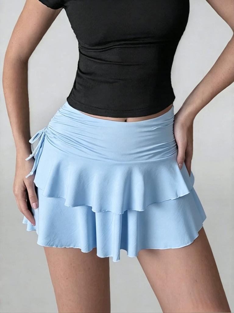 Women Skirts Solid Color Drawstring Design Skirt High WaistedWrapped Hip Short Skirt Mini Skirt