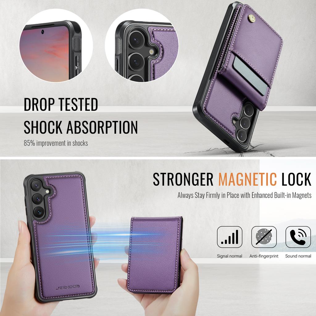 For Samsung Galaxy S26+ Leather Back Cover JEEHOOD J06 Magnetic Phone Case with Card Bag RFID Blocking