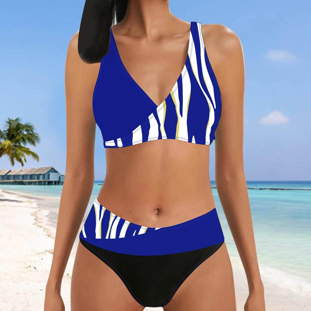 Dámské plavky s kontrolou bříška, sexy plavky s vysokým pasem, potištěné, s výstřihem do V, barevný blok, plážové bikiny, dvoudílné plavky pro dospívající dívky