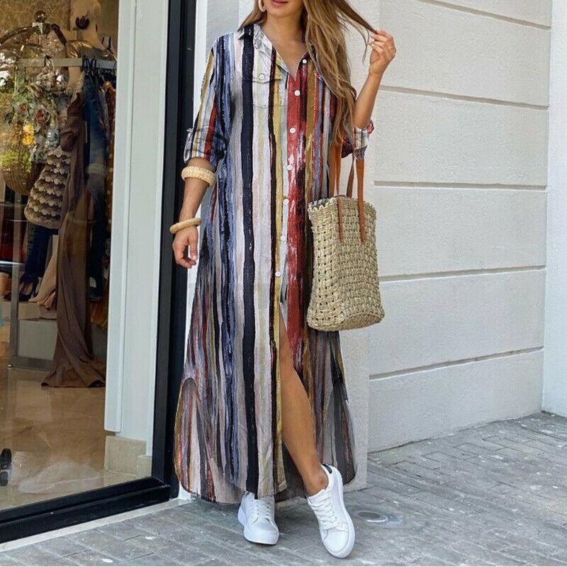 Women's Summer New Style Long-sleeved Casual Shirt Skirt Long Printed Split V-neck Large Size Loose Dress