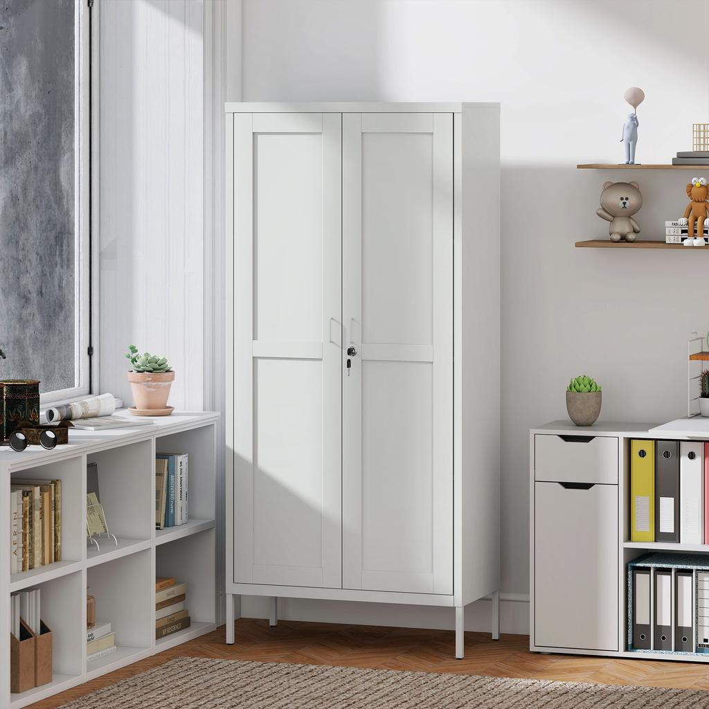 Steel Office Cabinet With 3 Adjustable Shelves Lock And 2 Keys 80x40x175 Cm White