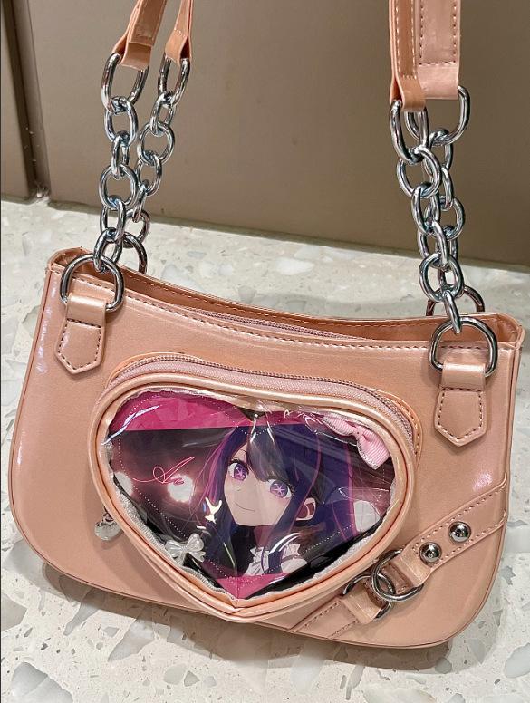 

New Japanese Heart Black Shoulder Bags Wallets Women Subculture Leather Y2k Bag Ladies Harajuku Anime Underarm Square Bag 2015 24x15x8cm рожевий