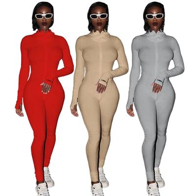 Women Casual Jumpsuit High Collar Slim Fitness Long Sleeve Female Tight Solid Color Jumpsuit