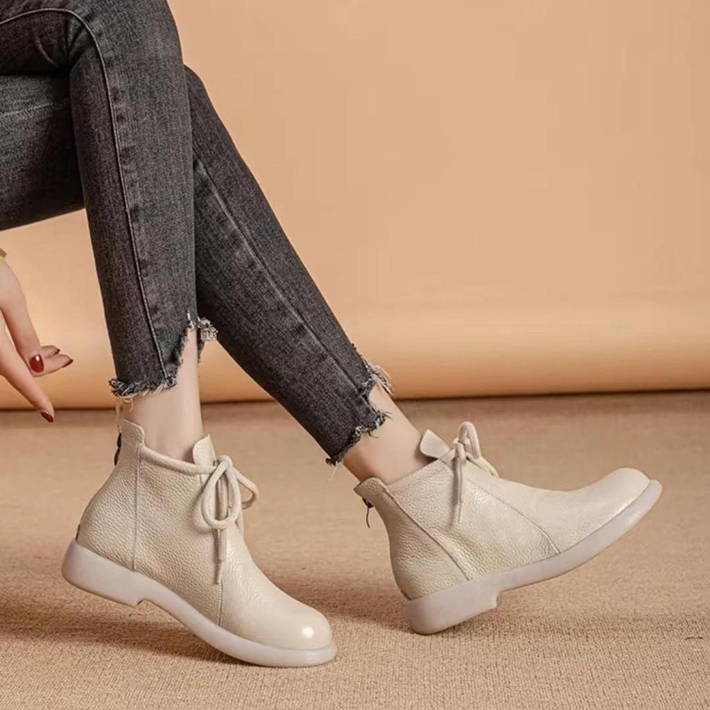 Botines planos cómodos de cuero genuino Superficie suave Suela suave Cómodos Versátiles Botas de cuero para mujer Cuero vacuno Botas antideslizantes 35-41