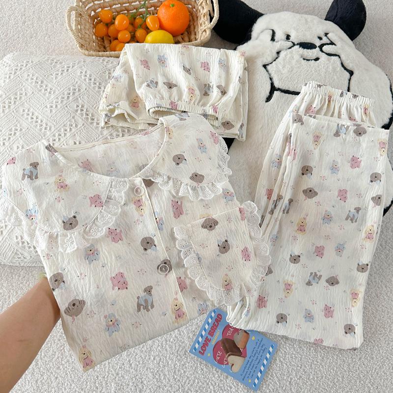 Doll Collar Cartoon Pajamas Women'S Summer Cloud Cotton Short Sleeves Cute Student Loungewear Three-Piece Set
