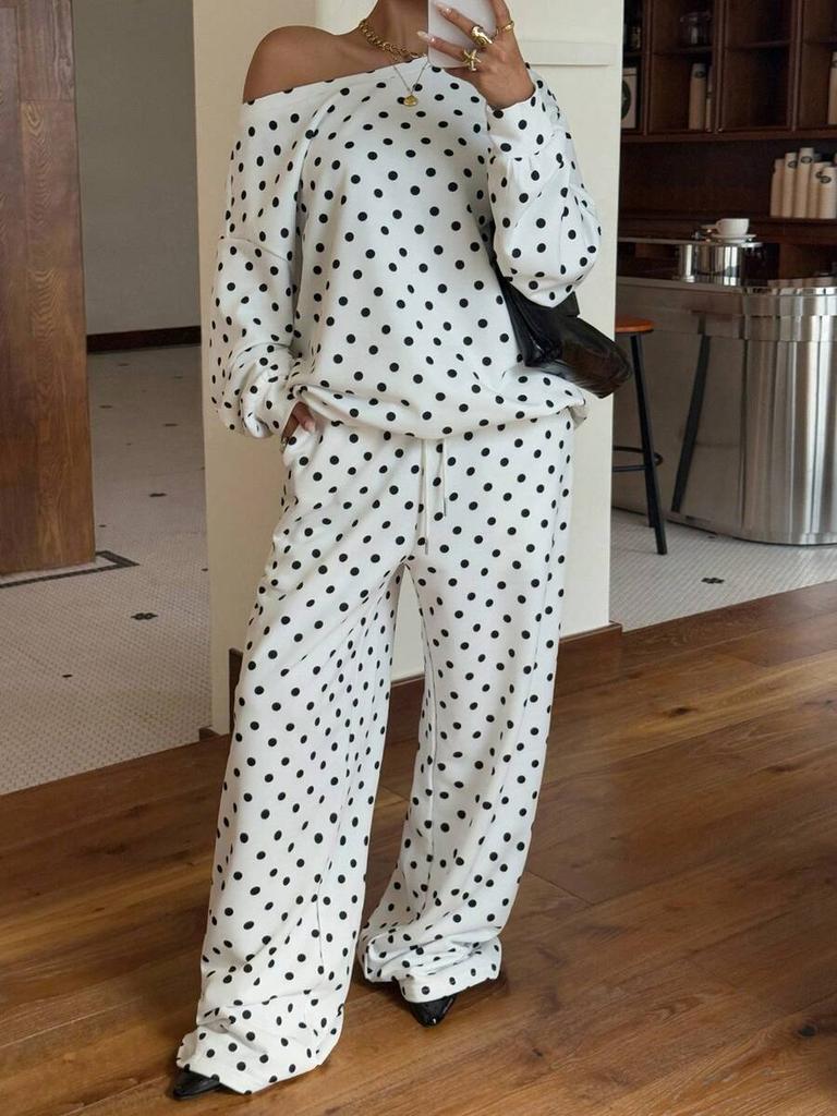 Womens Polka Dot Print Off Shoulder Long Sleeve Loose Casual Two Piece Sweatshirt Pant Set