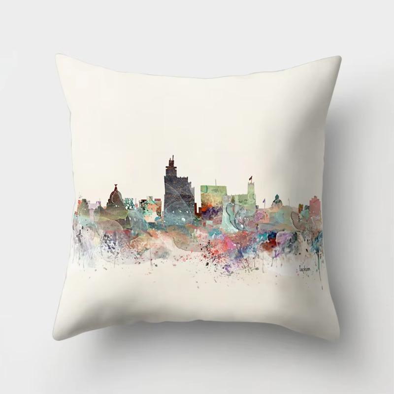 Colorful High City Building Print Decorative Pillow Case Bed Cafe Sofa Home Decor Polyester Square Cushion Cover 45X45Cm
