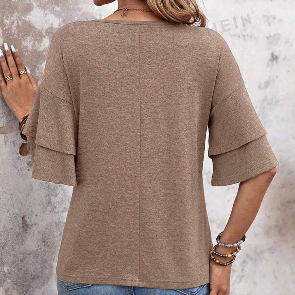 Tricou cu mânecă scurtă, la modă și sexy, cu tiv dublu și volane, la modă și sexy